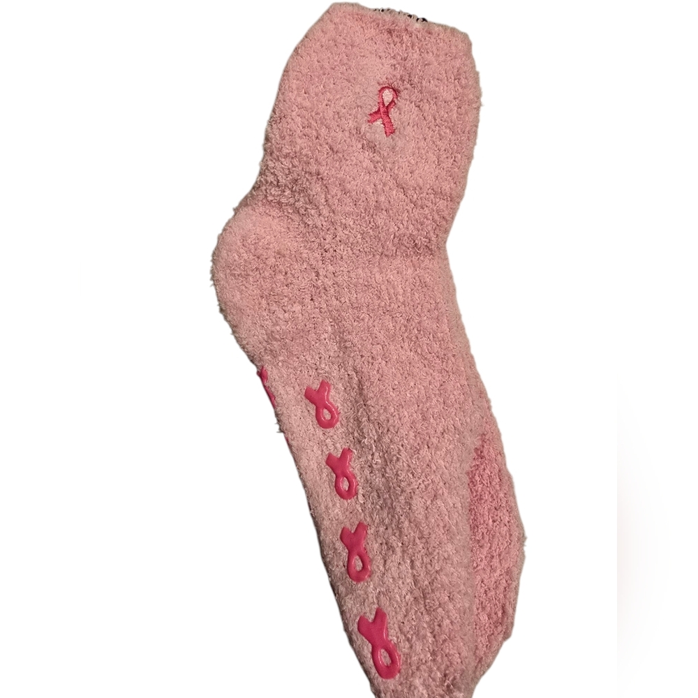 NWY Pink Fuzzy Socks with Breast Cancer Ribbon Design